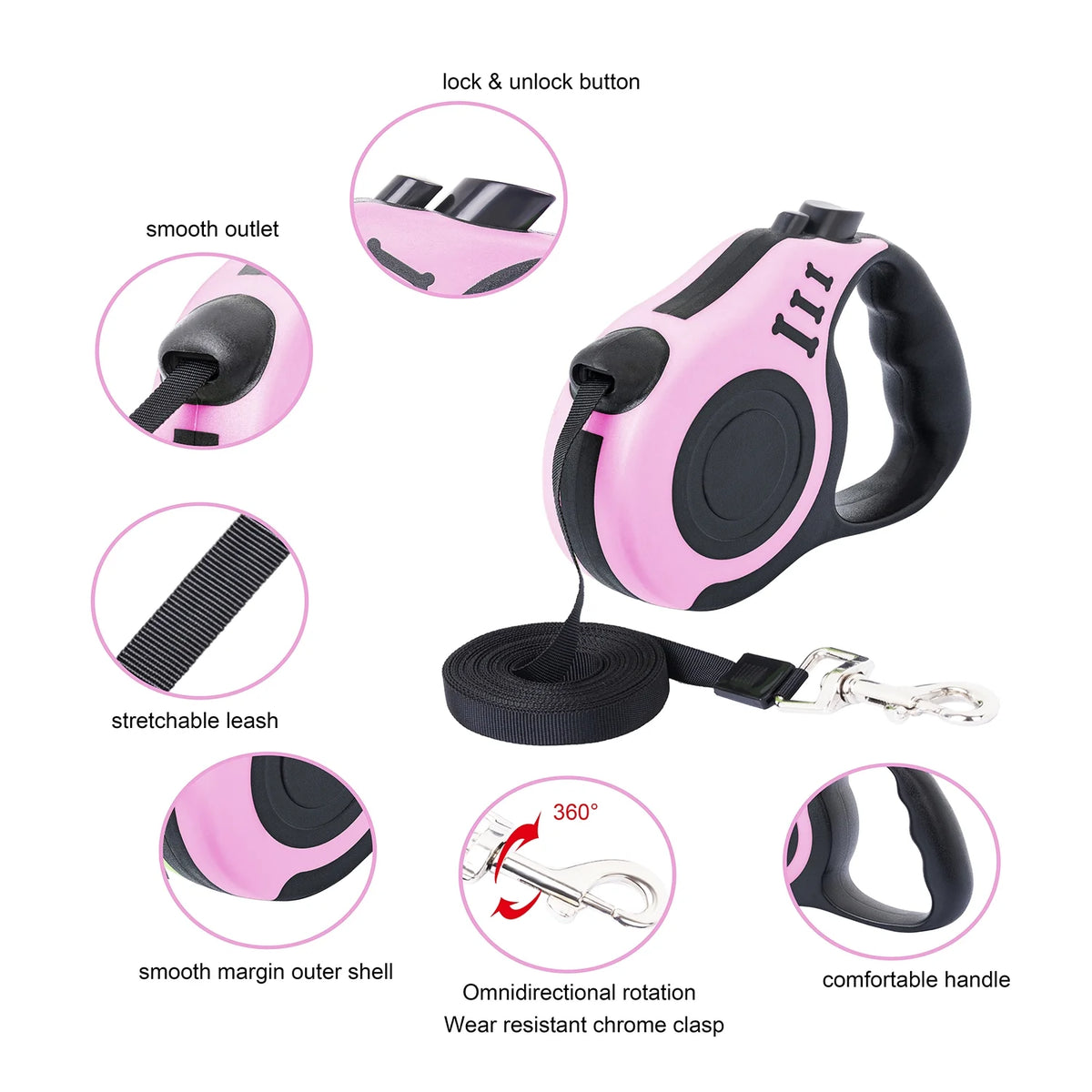 Retractable Dog Leash Lightweight 16FT Leash with Non-Slip Handle for Small Dogs (Pink)