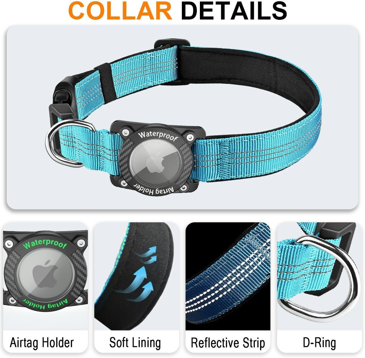 Refective Dog Collar with Holder Compatible with Airtag, Blue, L